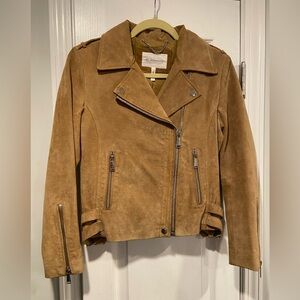BCBGeneration Size S Camel Tan Suede Full Zip Buckles Moto Bomber Jacket Leather